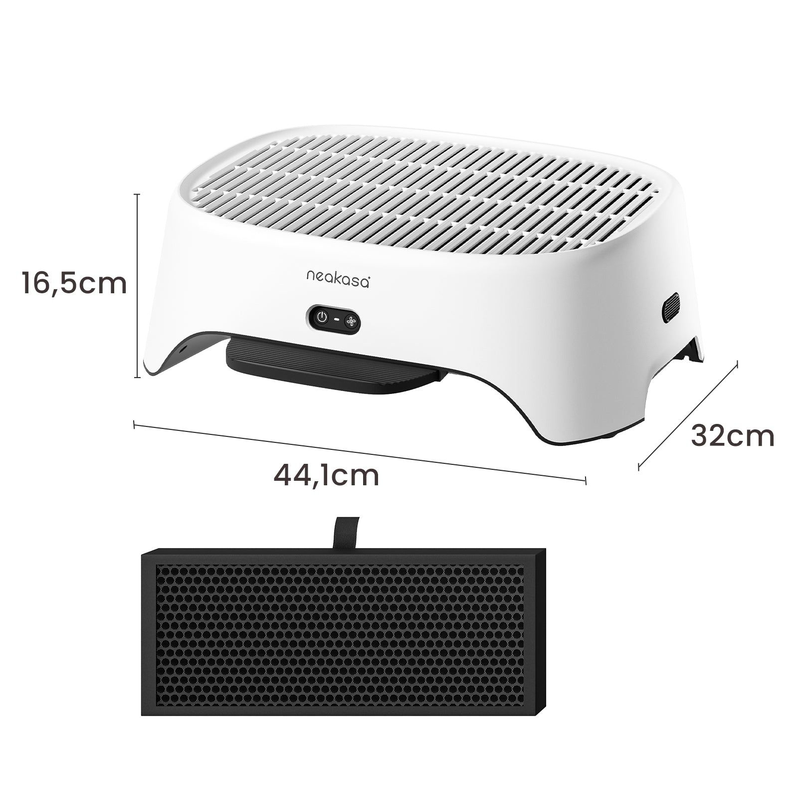 Abmessungen der Neakasa AirStep Katzentreppe: 44,1 cm Länge, 32 cm Breite und 16,5 cm Höhe – passend für alle Katzenklos.