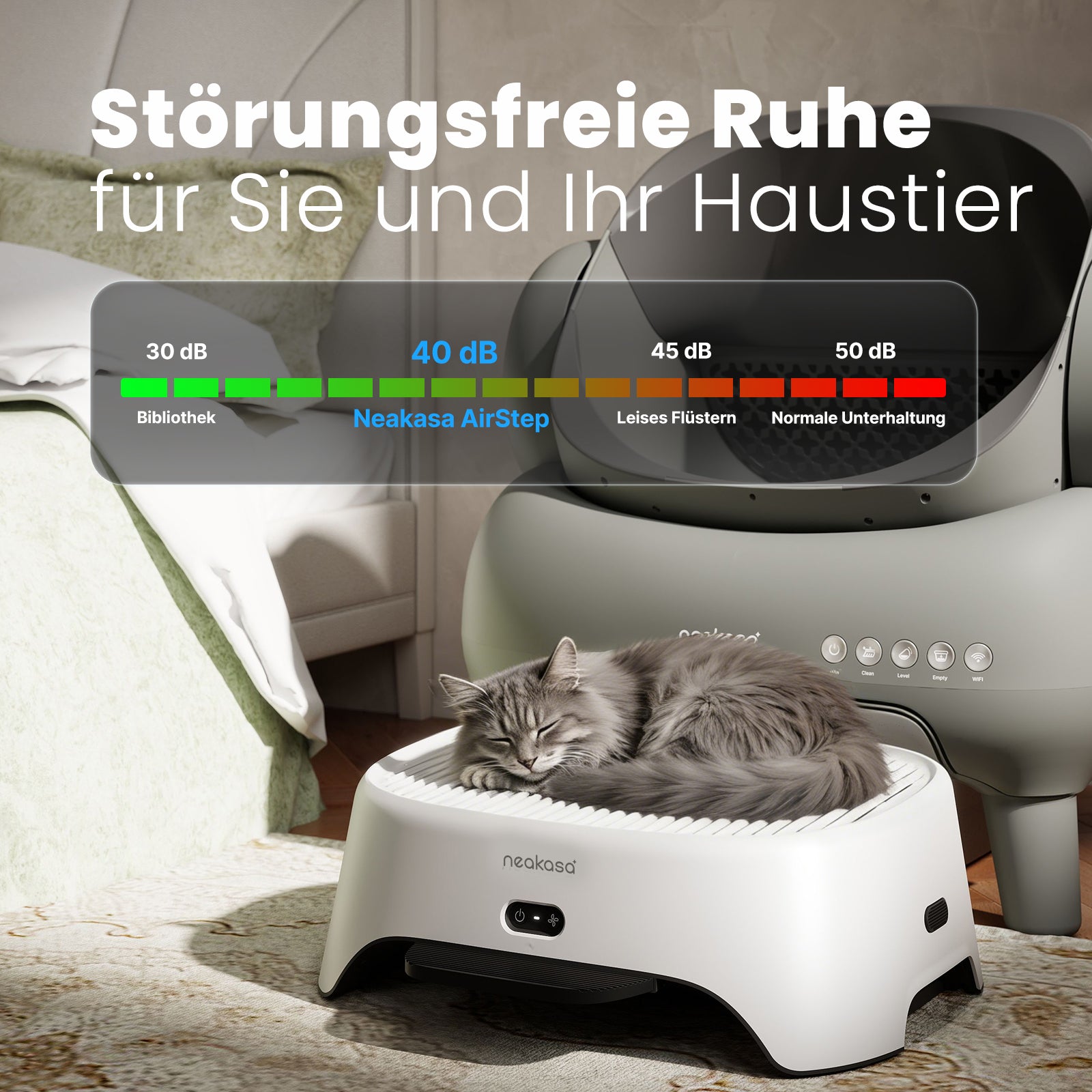 Geräuscharme Neakasa AirStep Katzenklo-Treppe mit flüsterleiser Luftreinigung für schreckhafte Katzen.