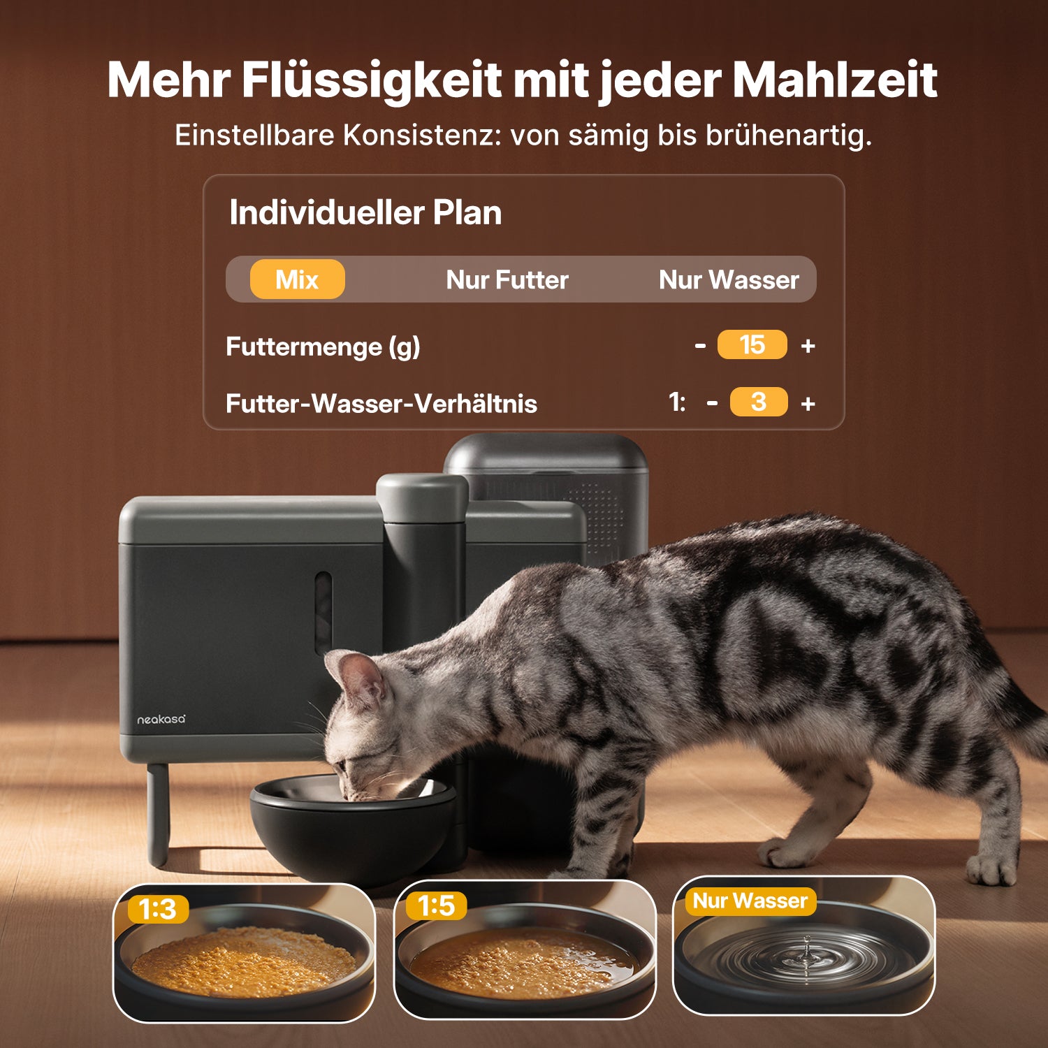 Einstellbares Futter-Wasser-Verhältnis für frisch zubereitete Katzenmahlzeiten mit Neakasa Riko
