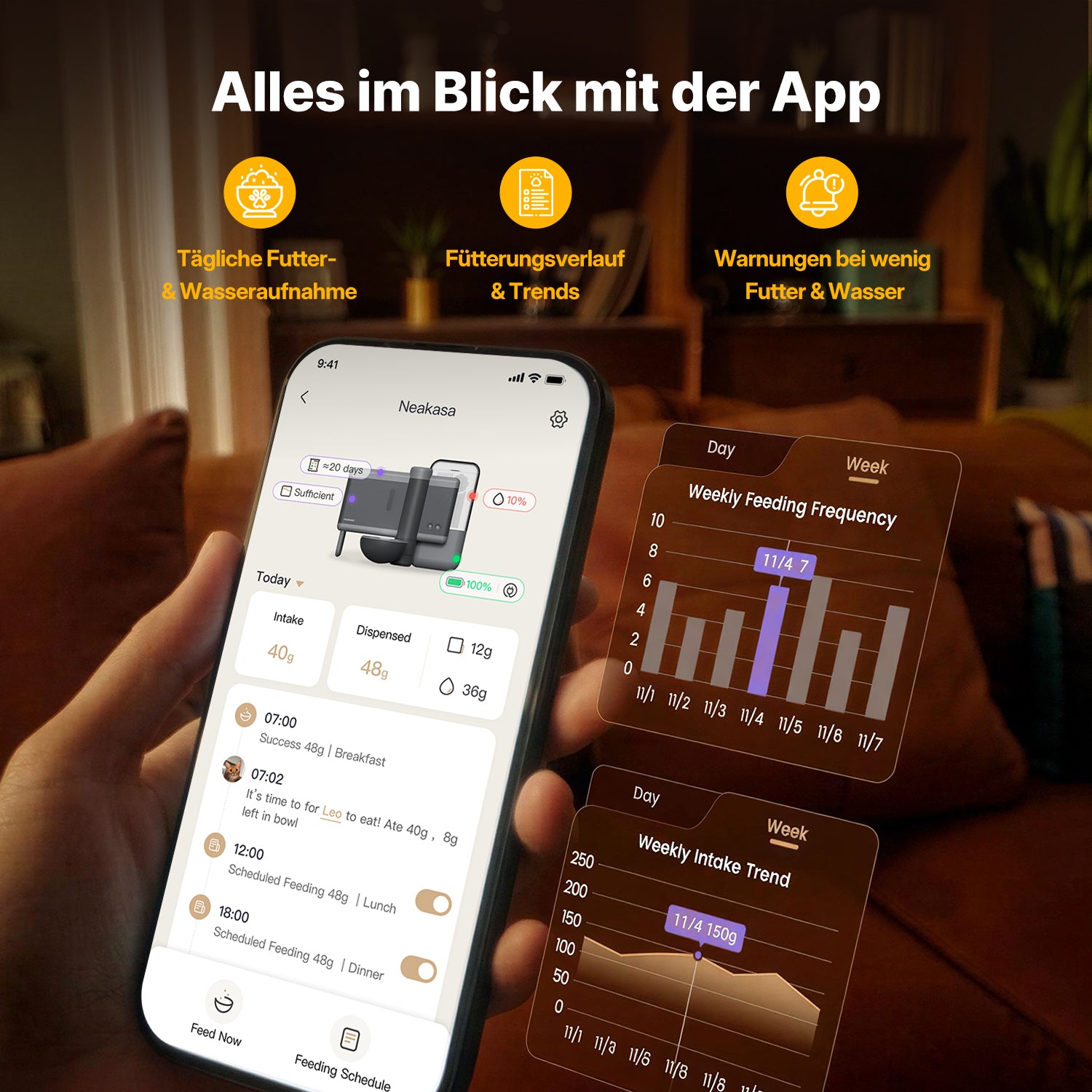 Neakasa App zur Überwachung von Futter- und Wasseraufnahme sowie Fütterungsplänen