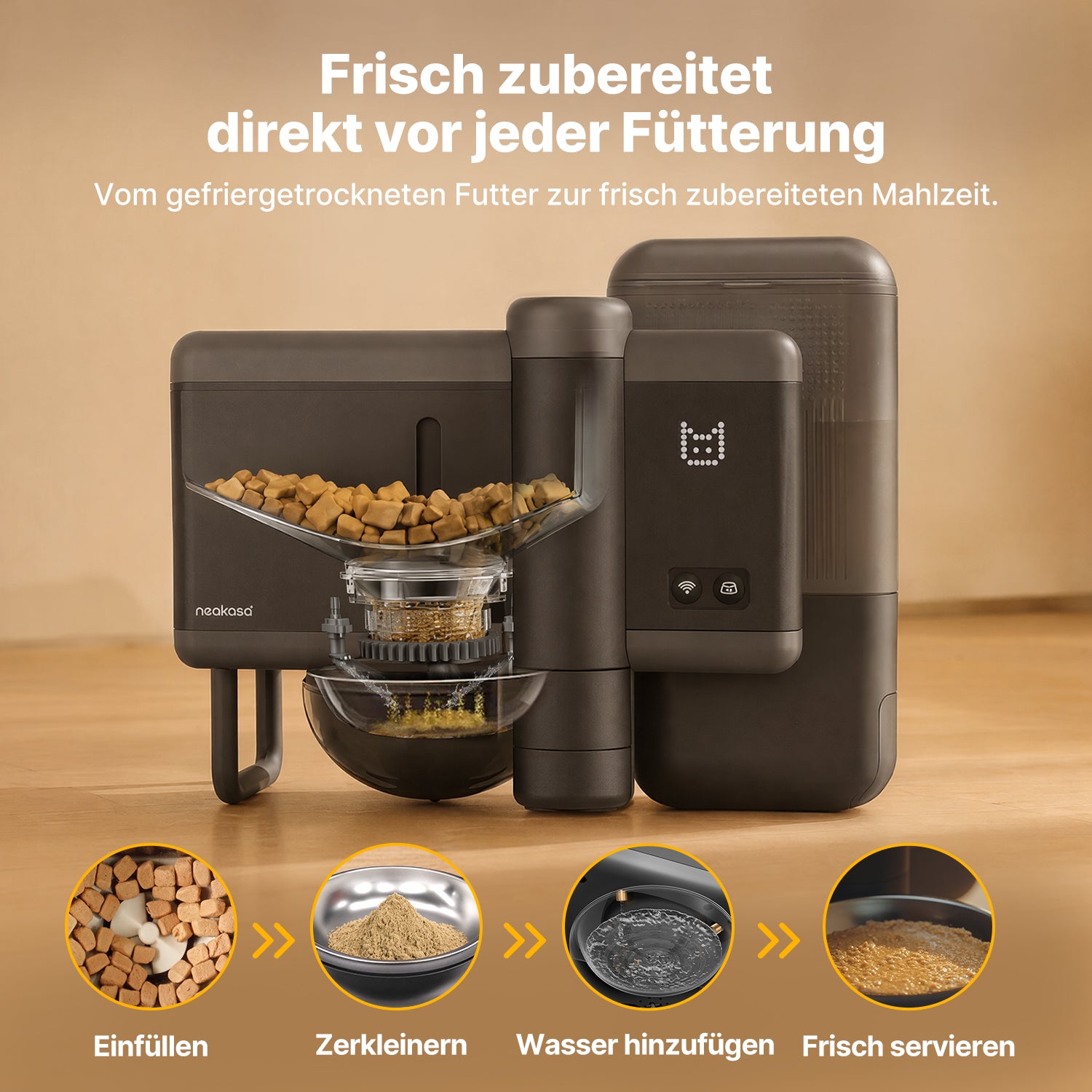 Neakasa Riko bereitet gefriergetrocknetes Katzenfutter automatisch mit Wasser zu