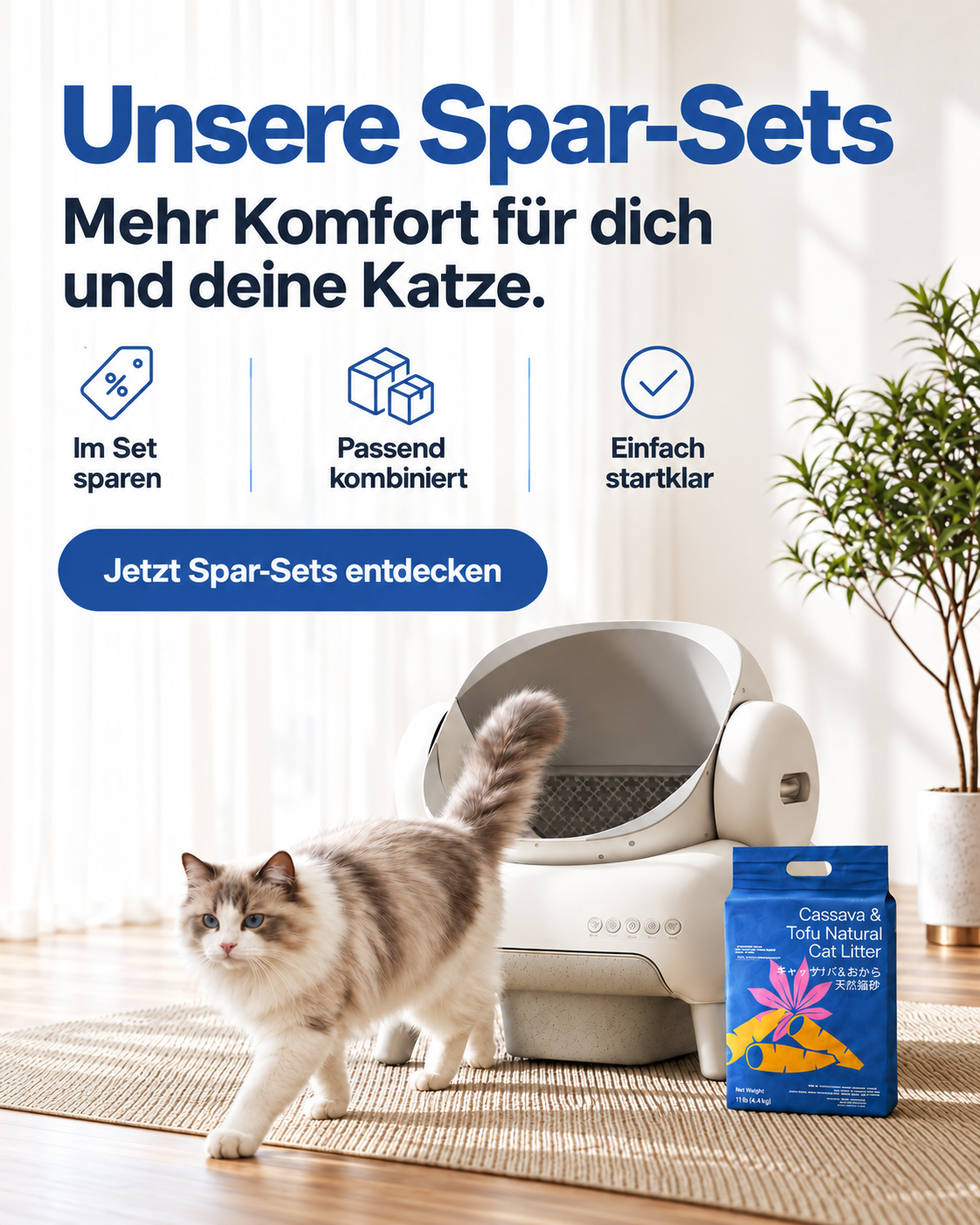 Neakasa Spar-Sets mit selbstreinigender Katzentoilette, pflanzlicher Katzenstreu und einer Katze im Wohnraum.